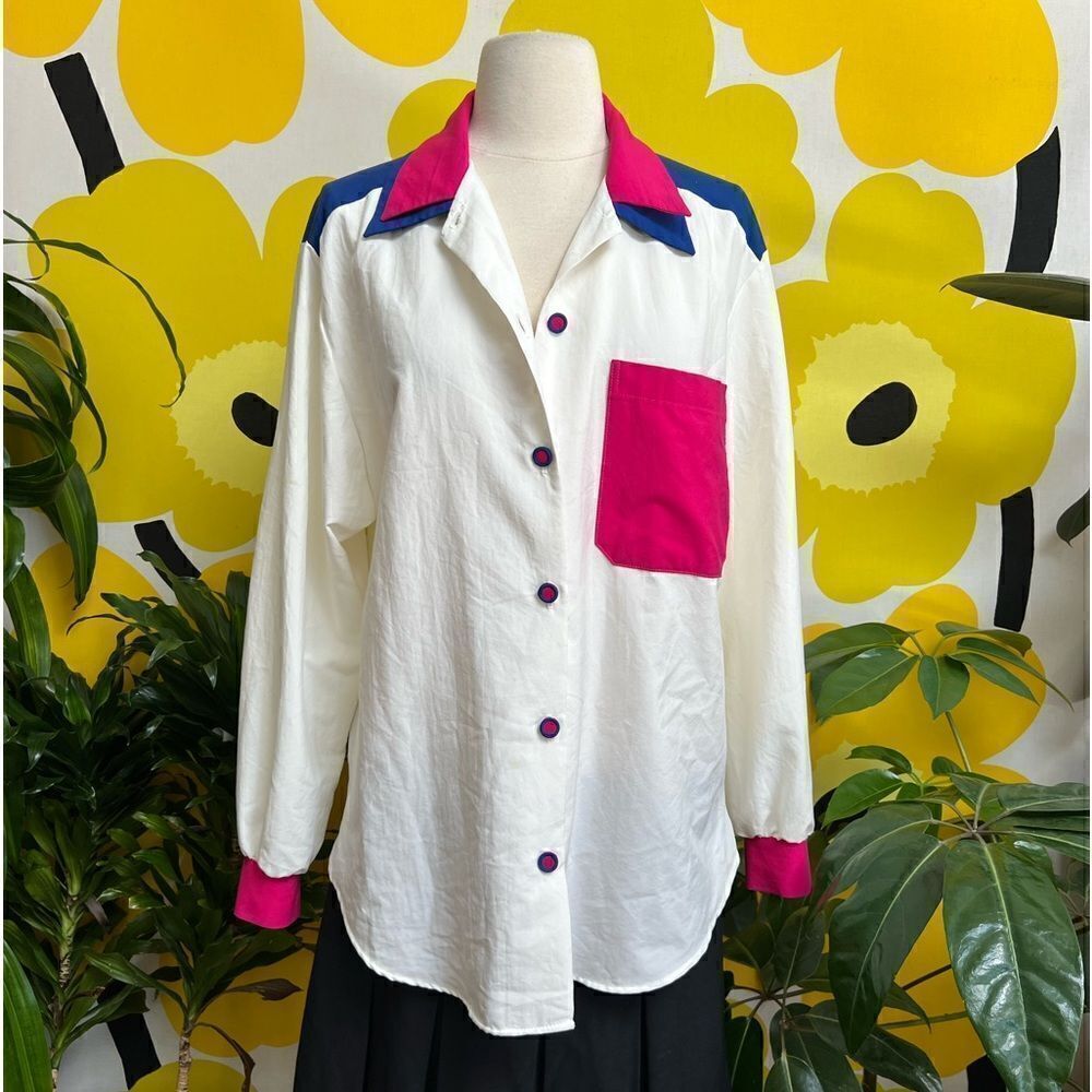 Rad Vintage 1990s Vivid Colorblock Double Collar Button Down Blouse - Picture 1 of 12